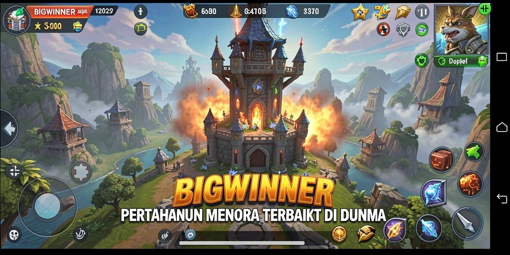 Tangkapan layar menampilkan aksi seru di BIGWINNER saat mempertahankan tower.