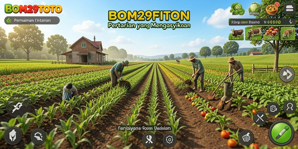 Screenshot gameplay BOM29TOTO yang menunjukkan ladang yang subur dan hewan ternak.
