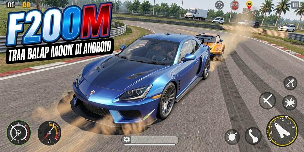 Tampilan epik gameplay balap mobil di F200M dengan adrenalin tinggi.
