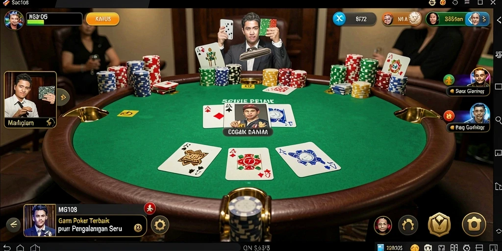 Tampilan screenshot gameplay <strong>MG108</strong> yang menampilkan suasana meja poker yang intens.