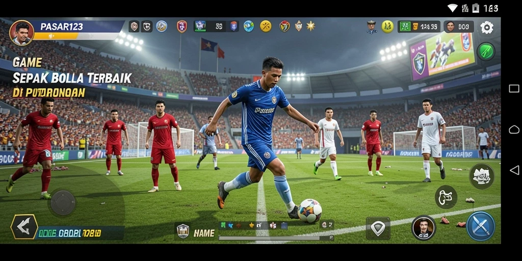 Tampilan gameplay realistik dalam PASAR123, menampilkan aksi sepak bola seru.