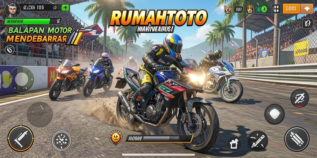 Screenshot gameplay RUMAHTOTO menampilkan balapan motor yang seru di lintasan yang menantang.