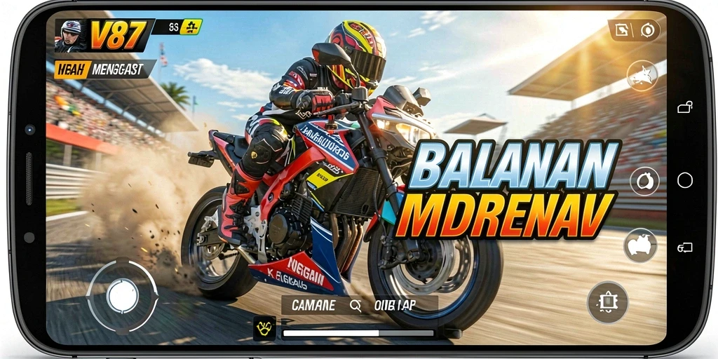 Screenshot V87 menampilkan adrenalin tinggi dalam balapan motor yang seru.